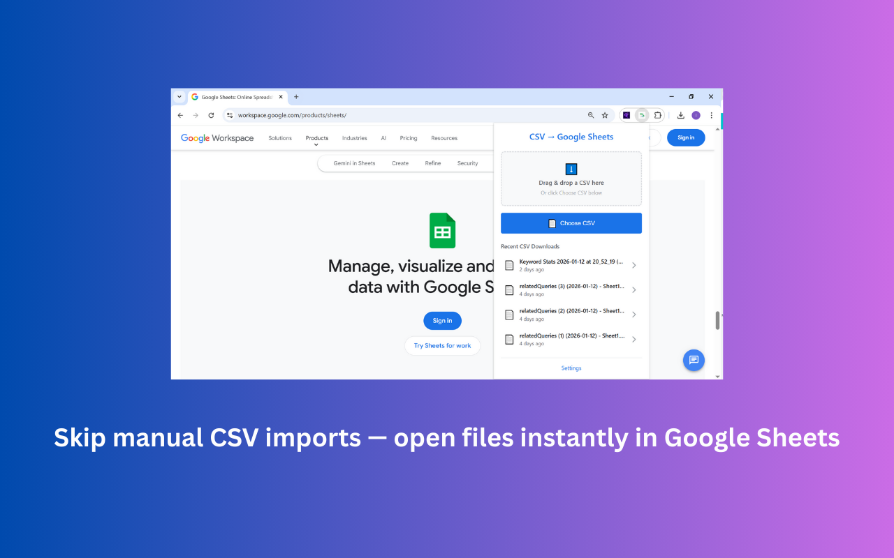 CSV to Google Sheets extension popup open in Chrome